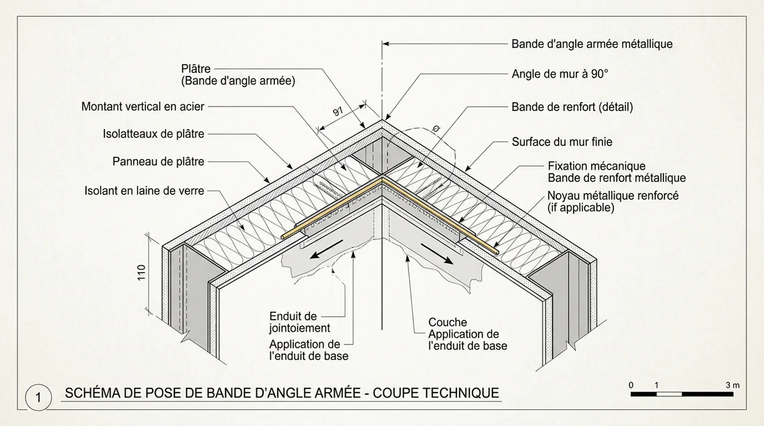 Schéma technique de pose d'une bande armée sur un angle saillant