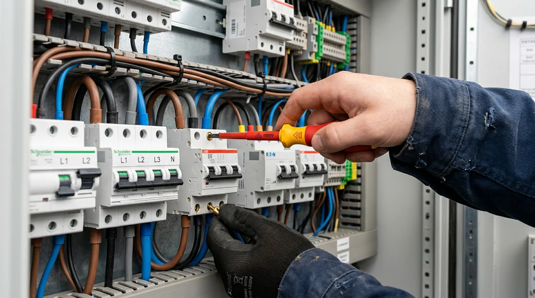 Installation et serrage des câbles du disjoncteur dans le tableau électrique