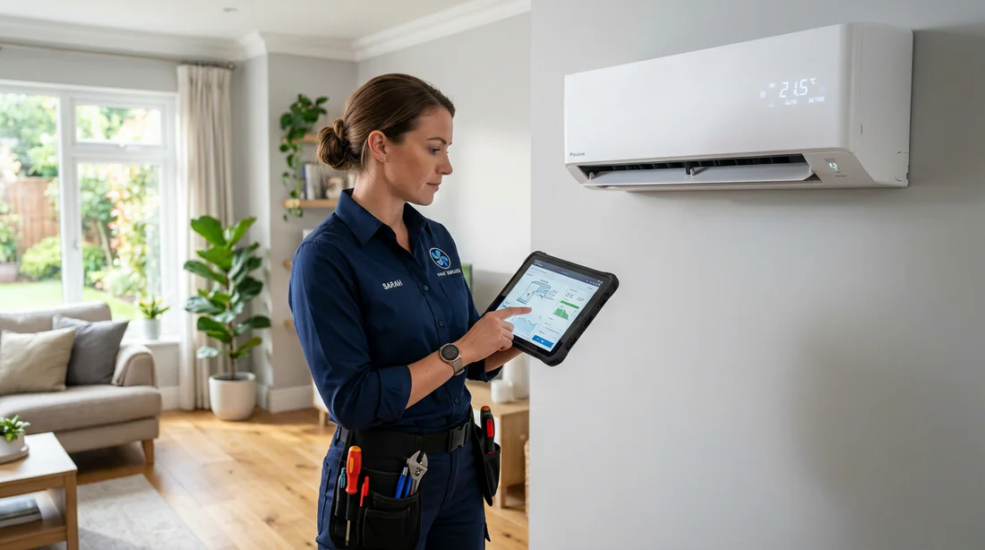 Technicien certifié effectuant l'installation et le réglage d'une climatisation tri-split