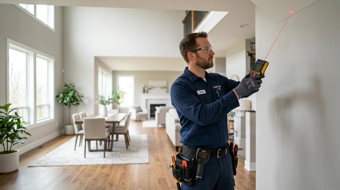 Technicien réalisant le bilan thermique d'une grande pièce de 60m2