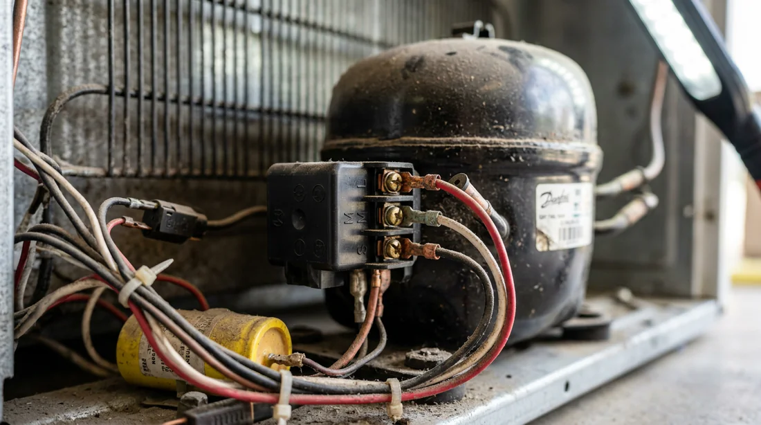 Détail technique du compresseur et du relais de démarrage d'un frigo