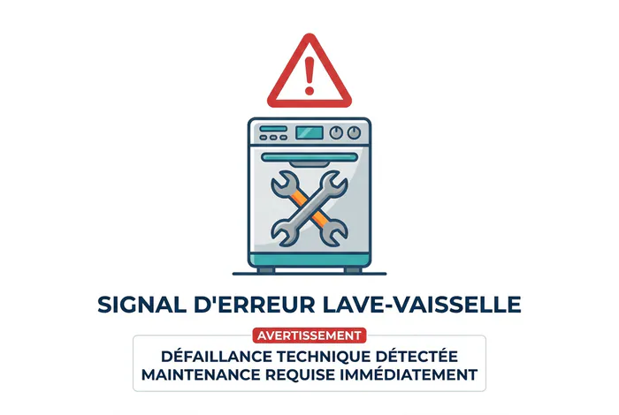 Infographie simplifiée d'un lave-vaisselle en panne avec icône de maintenance