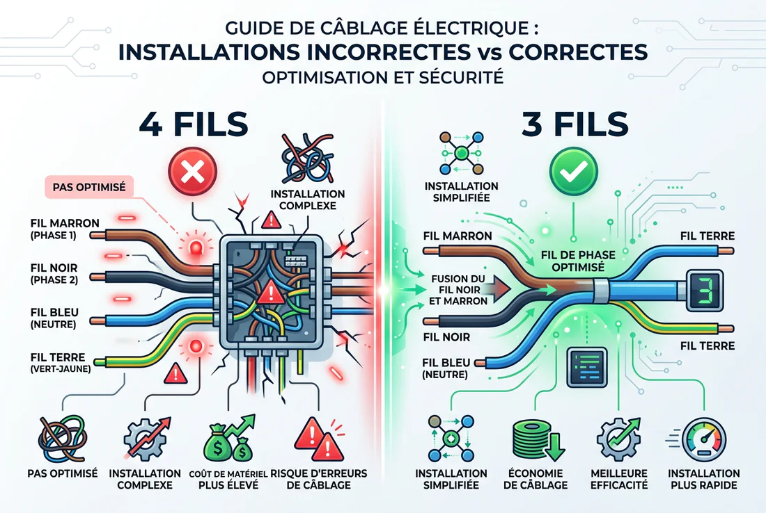Schéma de câblage électrique illustrant le raccordement de fils phase, neutre et terre sur une borne Wago.