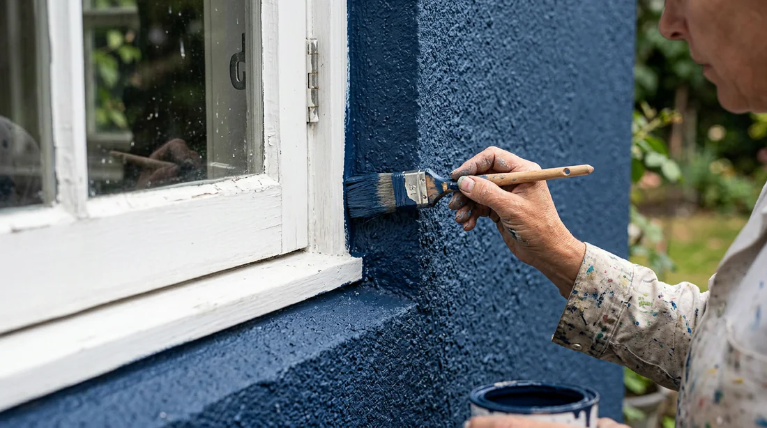 Détail des finitions de peinture extérieure au pinceau autour d'une fenêtre.