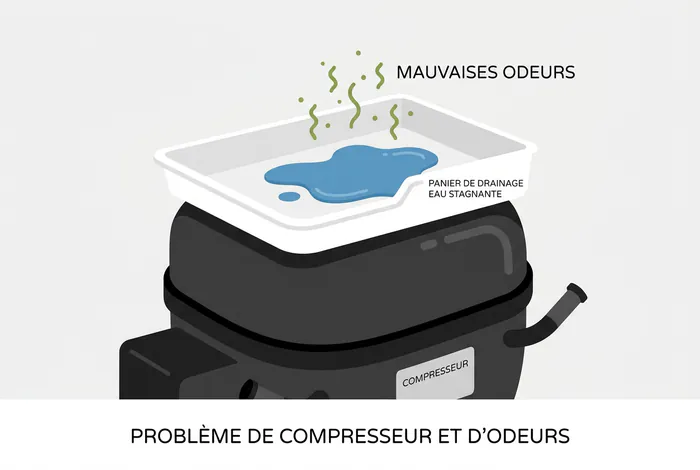 Illustration infographie d'un compresseur de frigo avec bac de récupération d'eau sale