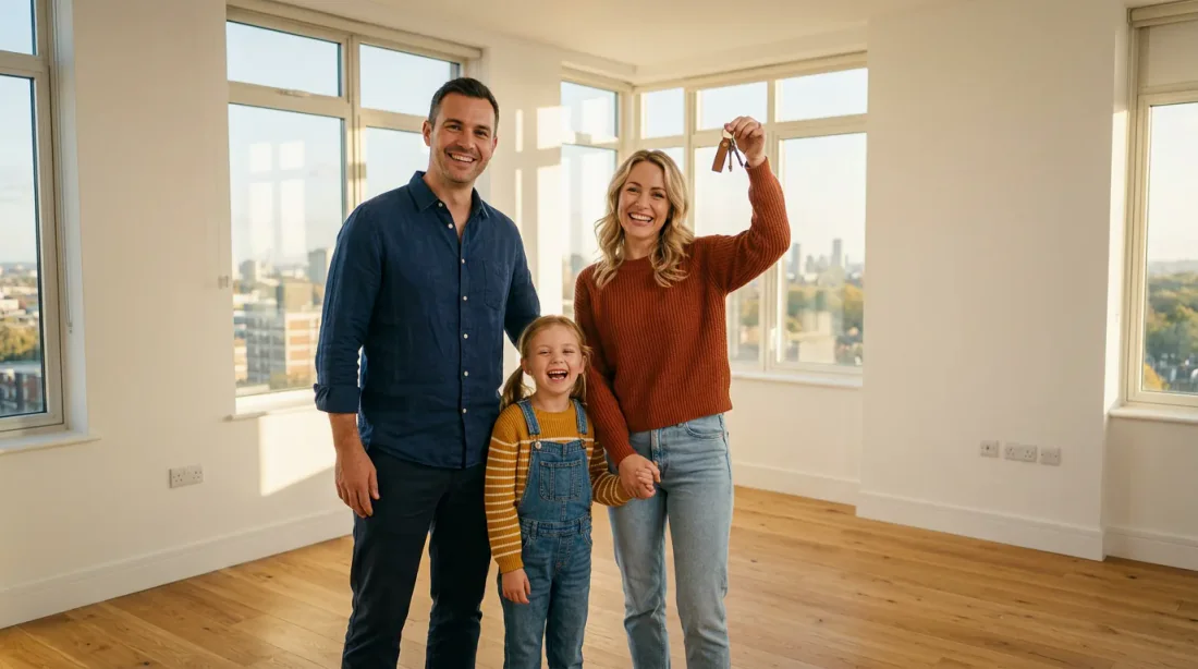 Porte d'appartement ouverte avec clé dans la serrure, illustration d'une visite de logement social