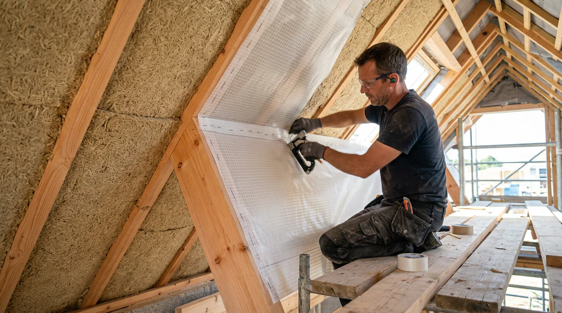 Mise en place de la membrane frein-vapeur quadrillée sur la structure en bois.