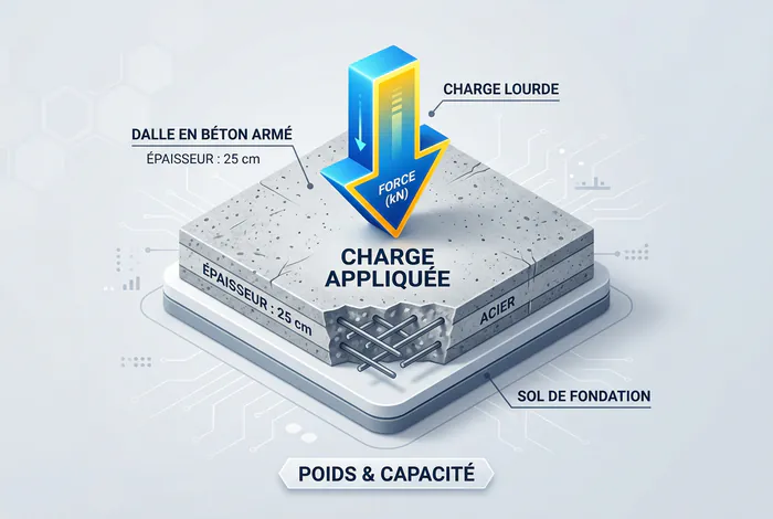 Graphique 3D d'une dalle de béton avec flèche de poids