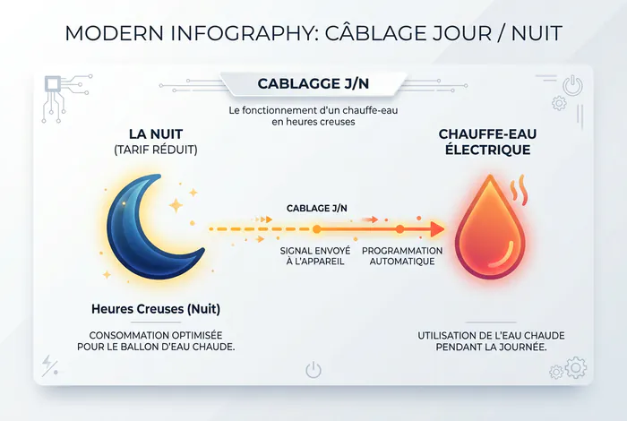 Infographie du principe de câblage d'un contacteur jour nuit