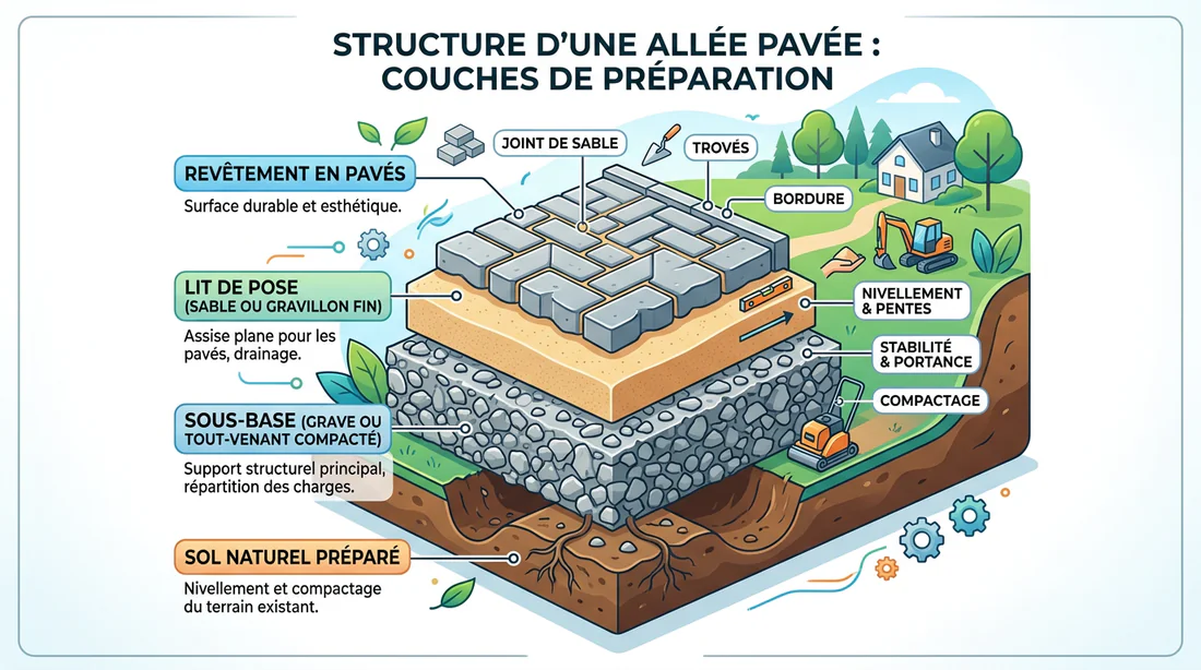 Schéma des étapes de préparation pour la pose de pavés