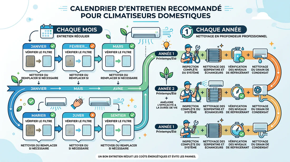 Infographie du calendrier d'entretien régulier d'une climatisation