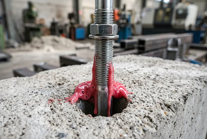 Macro d'un scellement chimique rouge débordant d'un trou dans le béton avec tige filetée