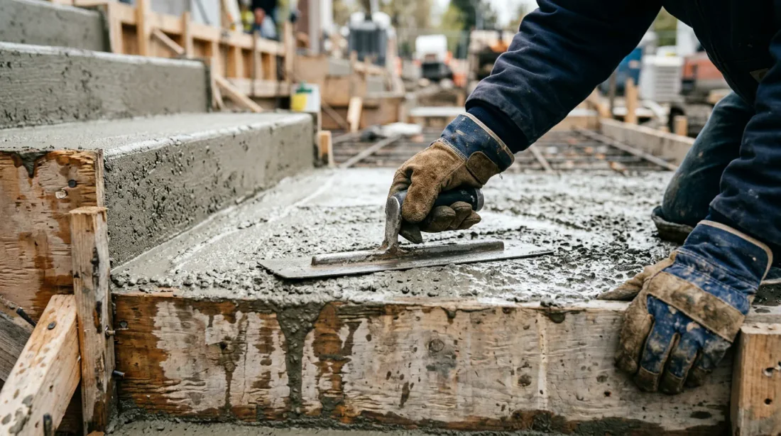Gros plan sur une marche d'escalier béton avec flèche illustrant l'agrandissement du giron