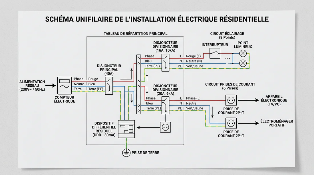 Schéma de branchement d'un disjoncteur électrique