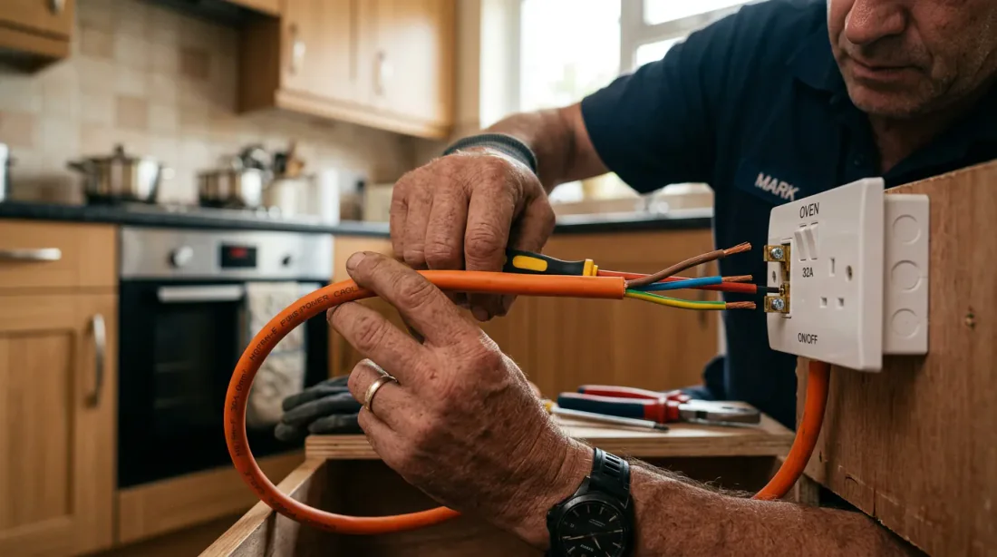 Mains installant un four encastrable dans un meuble de cuisine avec plaque gaz visible