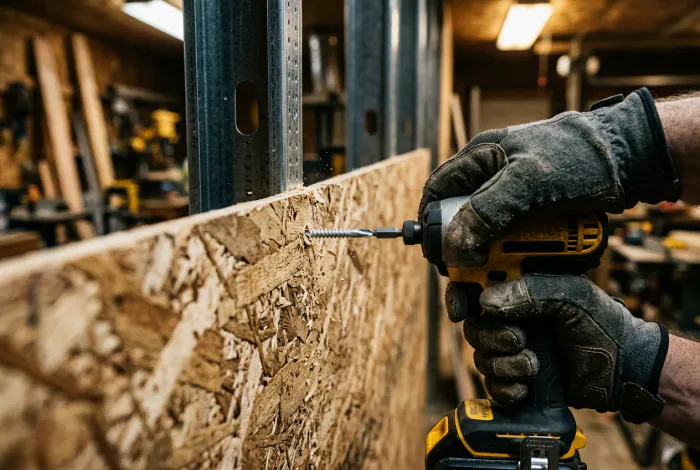 Gros plan sur une main gantée vissant une vis autoperceuse dans un panneau OSB sur montant métallique