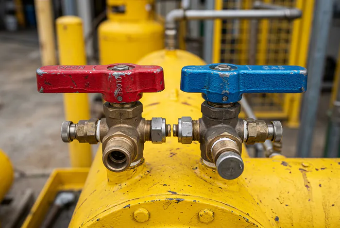 Gros plan sur les vannes rouge et bleue d'une bouteille de transfert de fluide frigorigène.