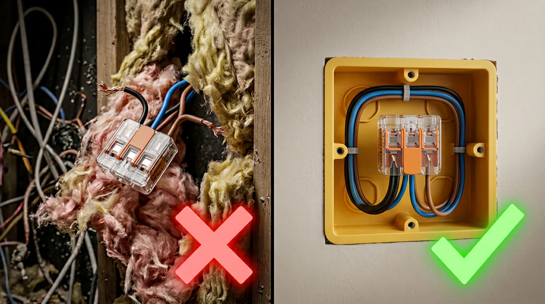 Schéma d'installation d'une boîte de dérivation placo avec raccords Wago