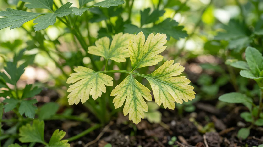Feuilles de persil présentant une carence en azote