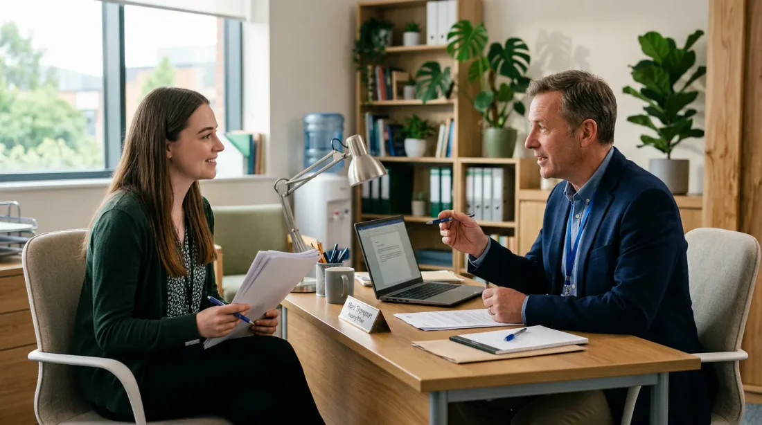 Porte d'appartement ouverte avec clé dans la serrure, illustration d'une visite de logement social