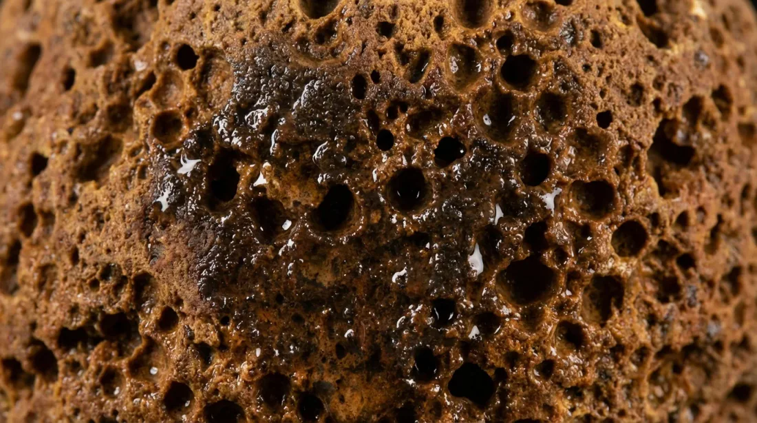 Gros plan mur meulière humide avec injecteur de résine en action et badge éditorial Avis & Retours