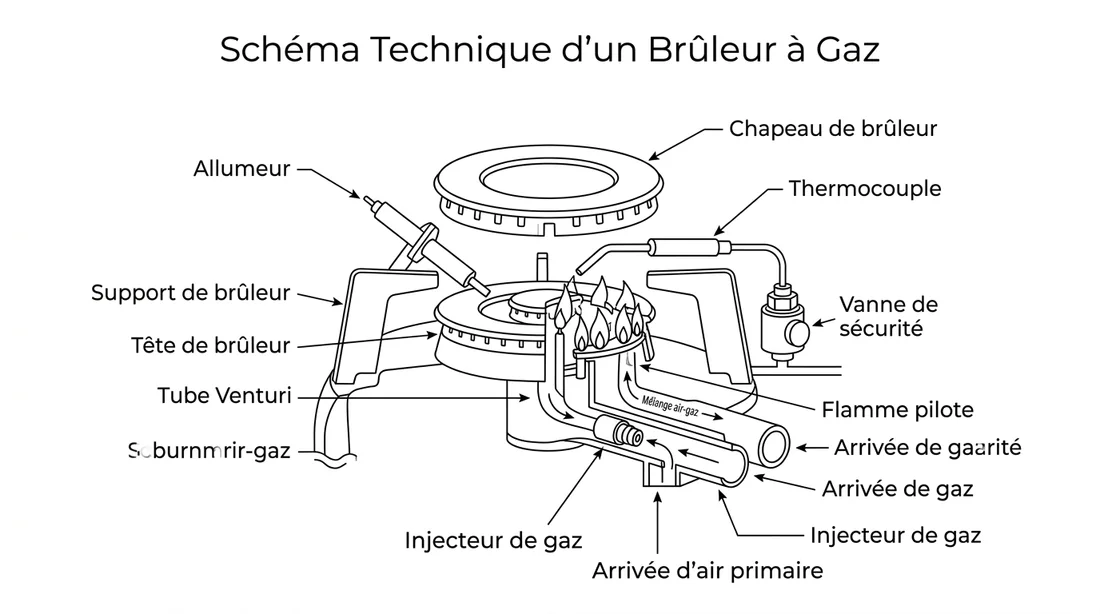 Schéma technique des composants d'un brûleur de gazinière