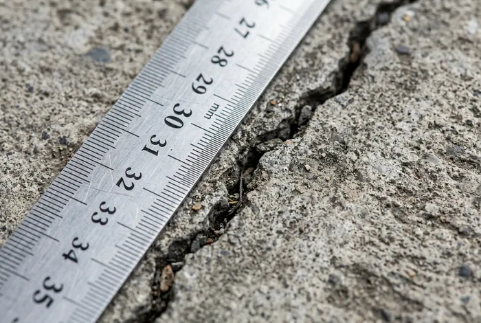 Gros plan sur la mesure d'une fissure de 3mm dans le béton avec un réglet métallique