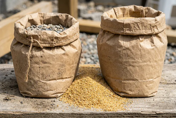Sacs de ciment et de chaux avec un tas de sable pour la préparation du mortier
