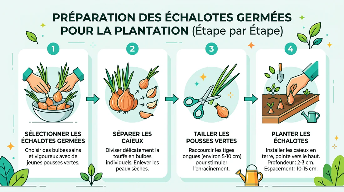 Infographie des étapes de préparation des échalotes à planter