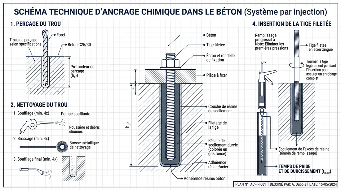 Schéma technique expliquant le fonctionnement d'un scellement chimique dans le béton