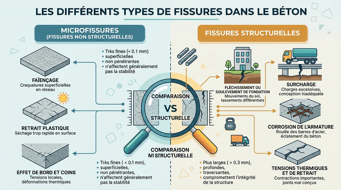 Schéma explicatif des différents types de fissures dans le béton