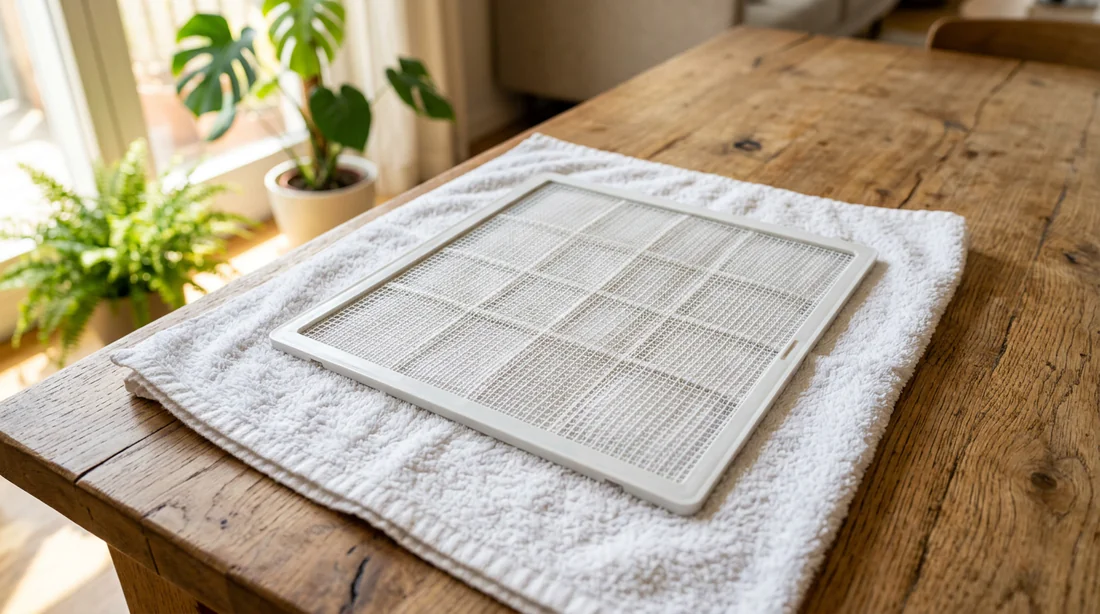 Séchage du filtre de clim à l'air libre sur une serviette