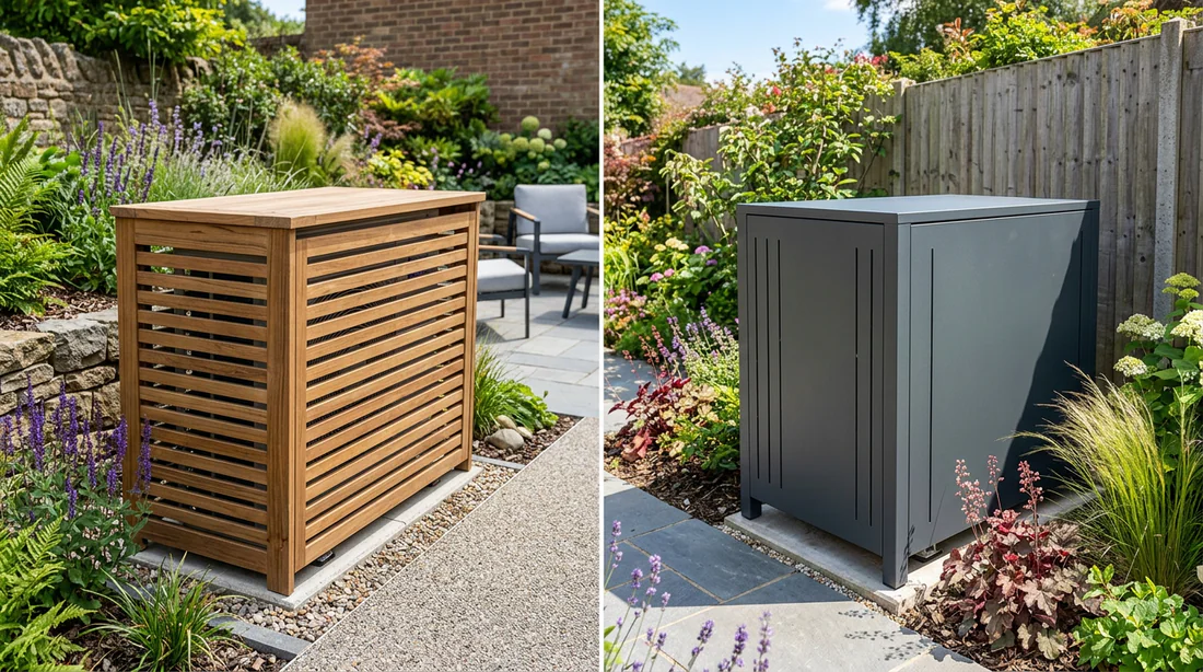 Comparatif visuel entre un cache pompe à chaleur en bois et un modèle en aluminium anthracite.