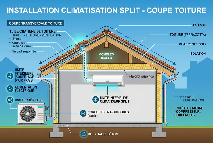 Schéma montrant le raccordement d'un climatiseur intérieur vers l'extérieur à travers la toiture.
