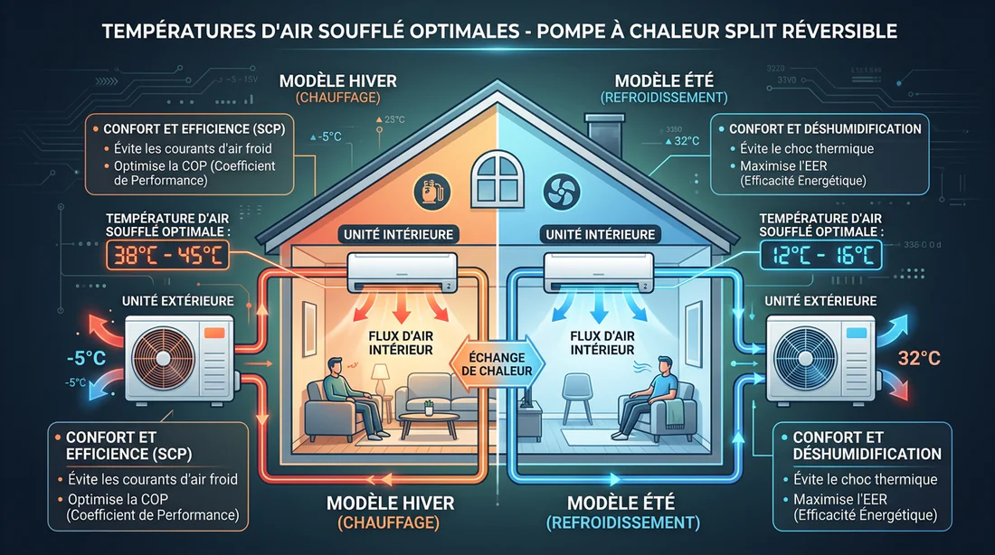 Schéma explicatif des températures de soufflage idéales pour une climatisation réversible