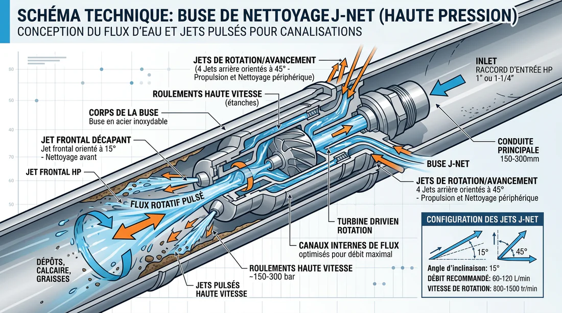 Schéma technique expliquant le fonctionnement et les jets d'eau du bec J-Net.