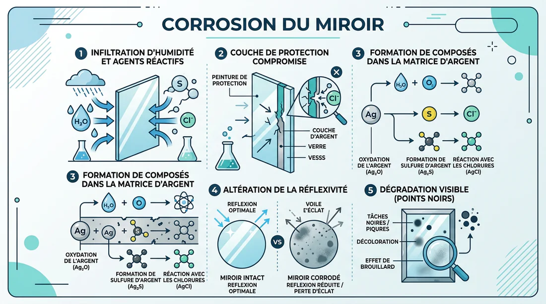 Schéma explicatif de la corrosion d'un miroir.