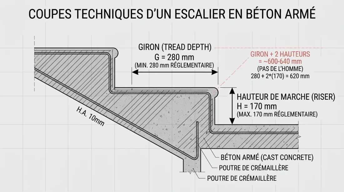 Gros plan sur une marche d'escalier béton avec flèche illustrant l'agrandissement du giron