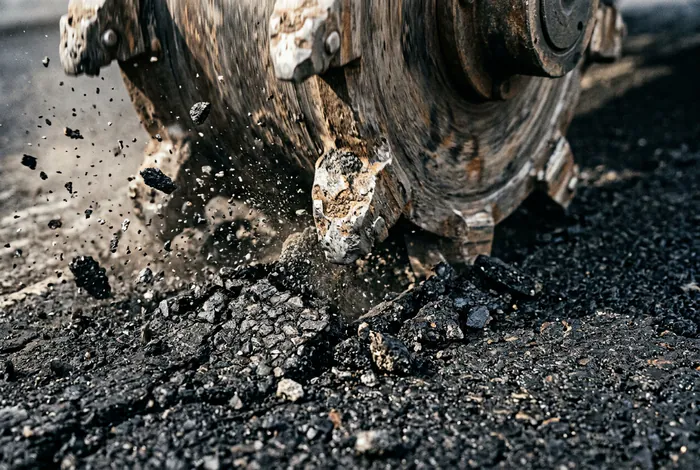 Gros plan sur les dents d'une raboteuse expulsant des éclats de fraisat de bitume