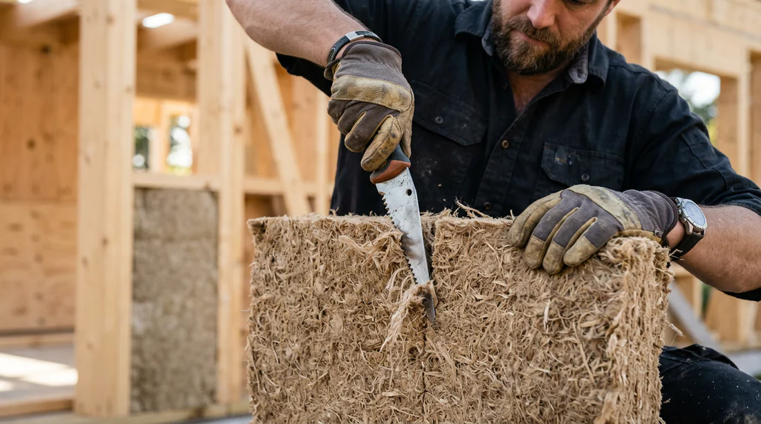 Artisan découpant un panneau de laine de bois à la bonne taille pour l'isolation.