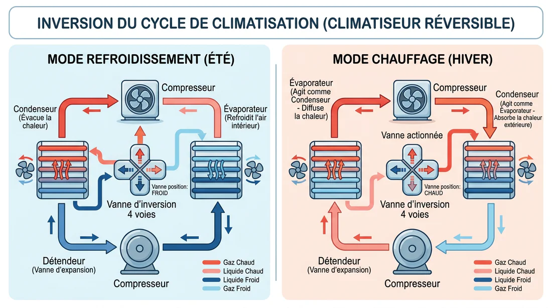 Schéma technique du fonctionnement et du cycle d'une vanne inverseuse 4 voies.