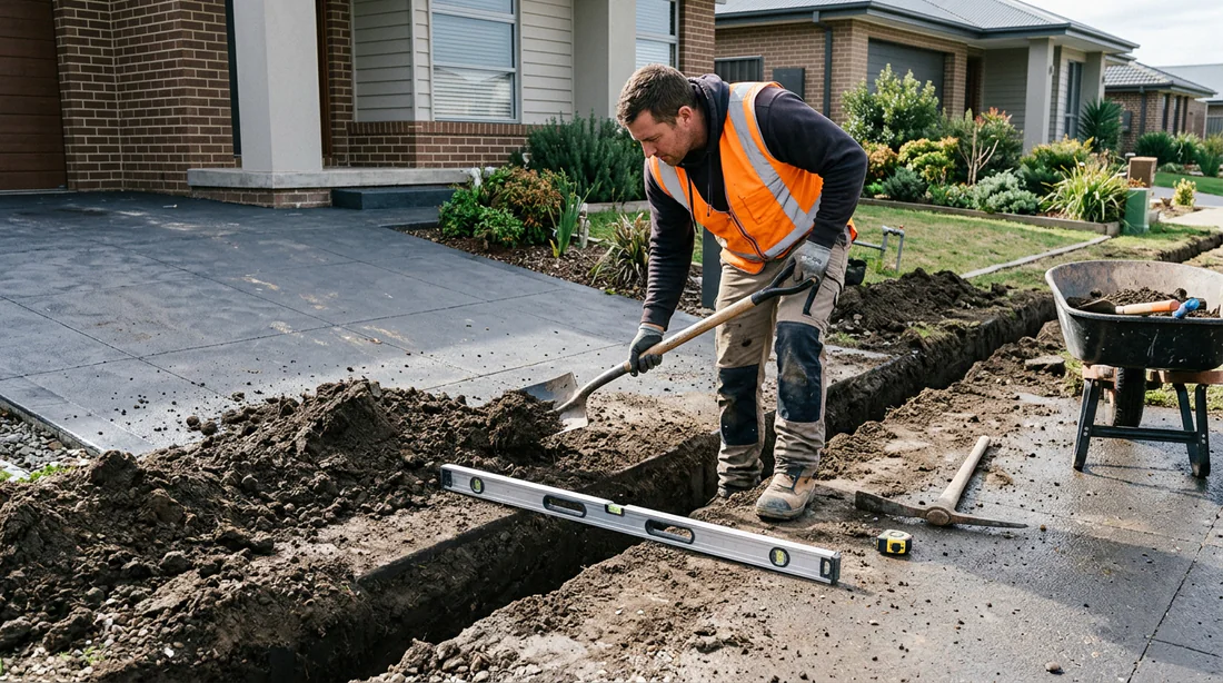 Terrassement et creusement de la tranchée pour un caniveau en béton