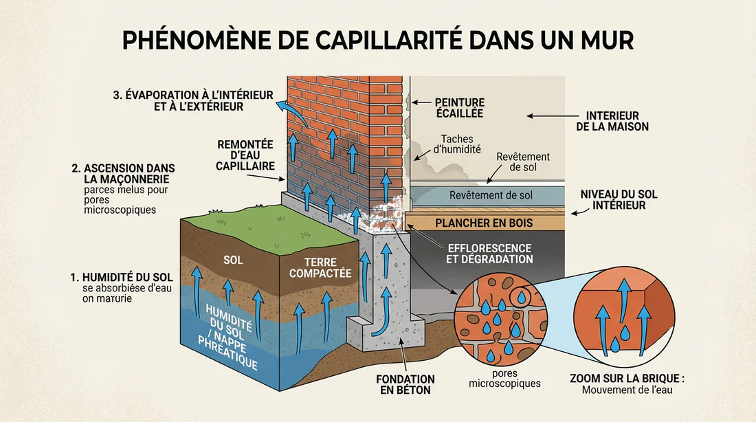Infographie explicative sur la remontée capillaire dans les murs