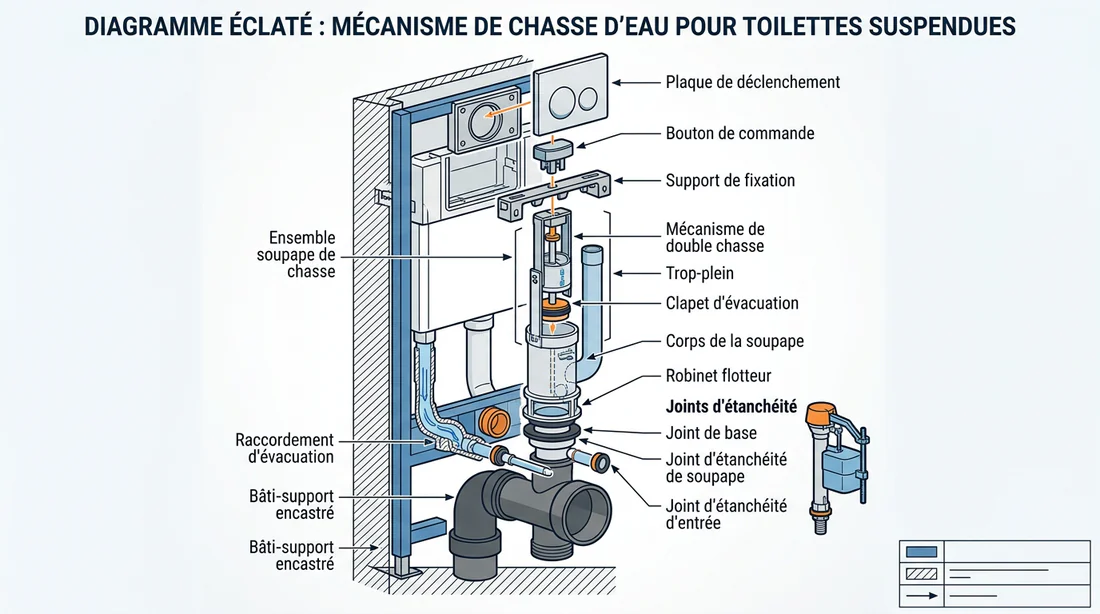 Schéma technique d'un mécanisme de chasse d'eau de WC