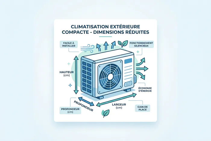 Infographie montrant les petites dimensions d'une unité extérieure de climatisation compacte