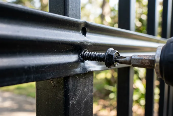 Gros plan sur la fixation d'une plaque de festonnage en aluminium avec une vis auto-foreuse