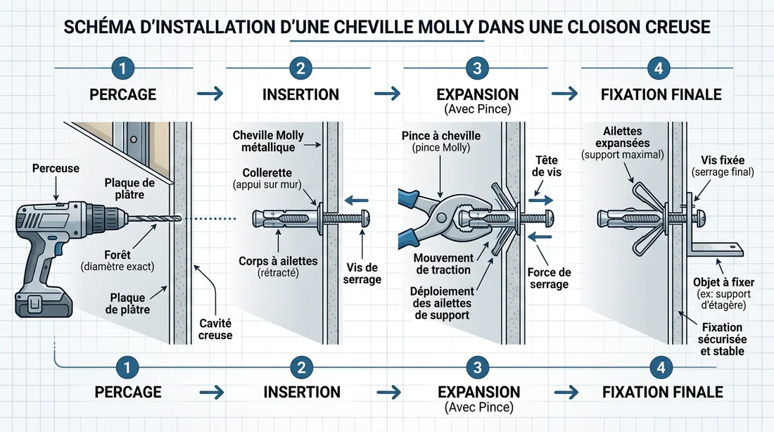 Schéma explicatif pour installer une nouvelle cheville Molly dans le placo