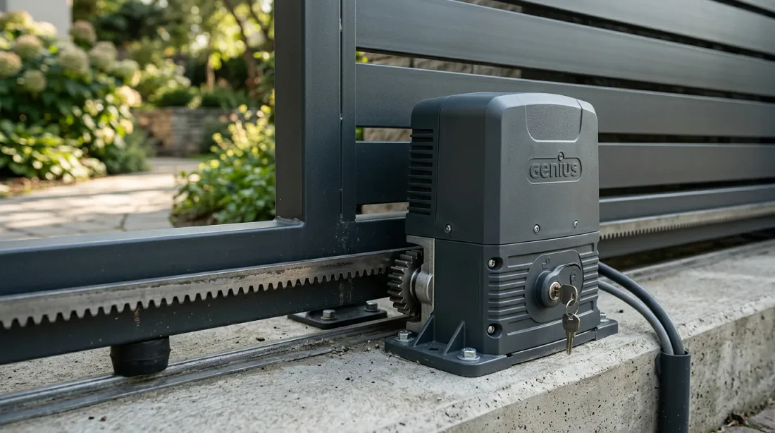 Gros plan main tenant un multimètre devant une carte électronique de motorisation de portail Genius