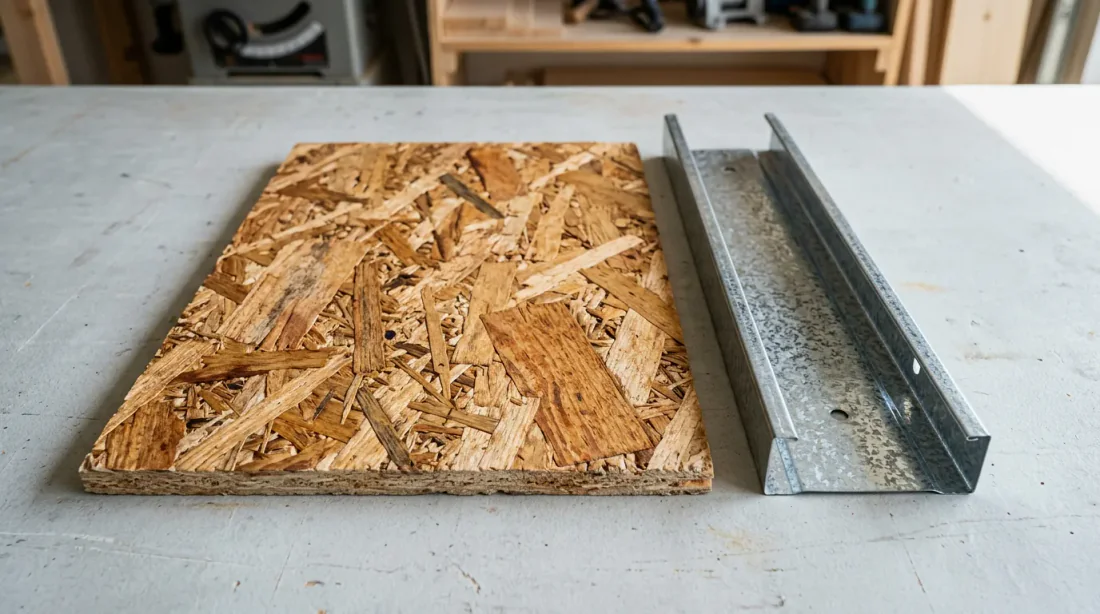 Gros plan sur une main gantée vissant une vis autoperceuse dans un panneau OSB sur montant métallique