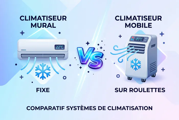 Iconographie 3D comparative entre un climatiseur fixe et mobile